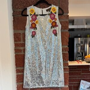 Anthropologie- Sequin Dress with Floral Embroidery